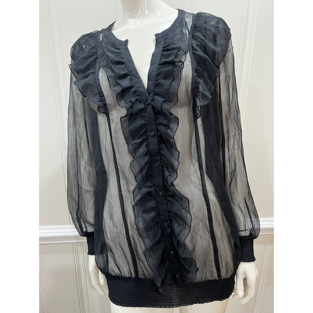 Kensie Pretty Sheer Black Ruffle Blouson Size L MSRP $68